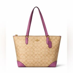👜 Coach Outline Signature Zip Tote – Primrose Canvas w/ Purple Leather Trim